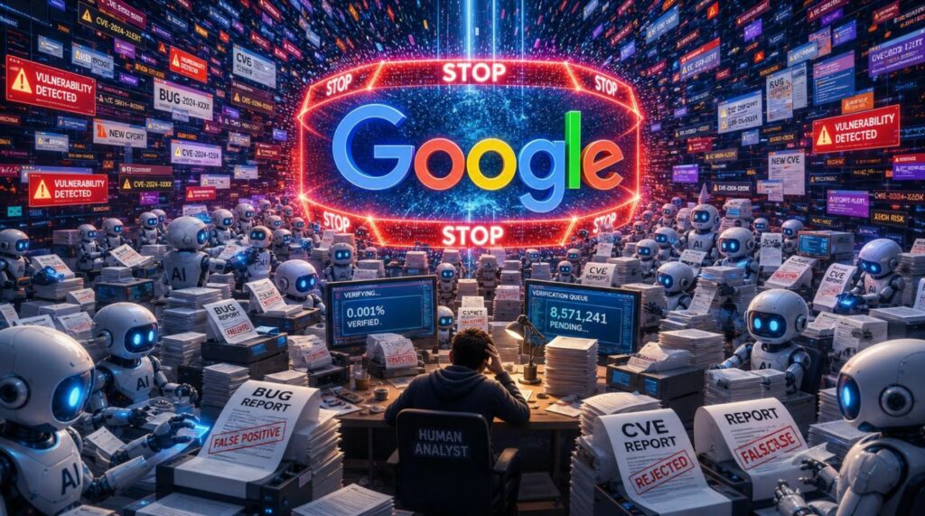 Persona seduta davanti a numerosi schermi con messaggi vari, inclusi ransomware e data breach, con un grande cartello illuminato Google al centro