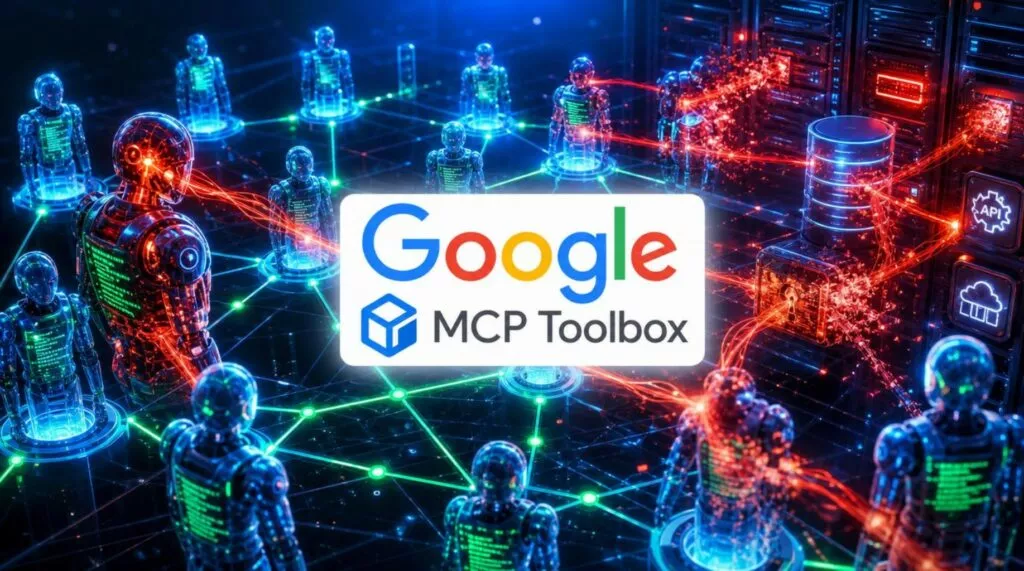 Logo Google MCP Toolbox con nodi interconnessi e figure umane, su sfondo blu tecnologico