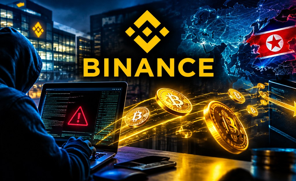 il logo di binance al centro e un hacker sulla sinistra che ruba dei soldi da un laptop