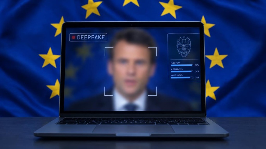 un laptop con al centro un deepfake e la bandiera dell'europa attorno.