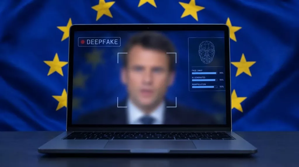 un laptop con al centro un deepfake e la bandiera dell'europa attorno.