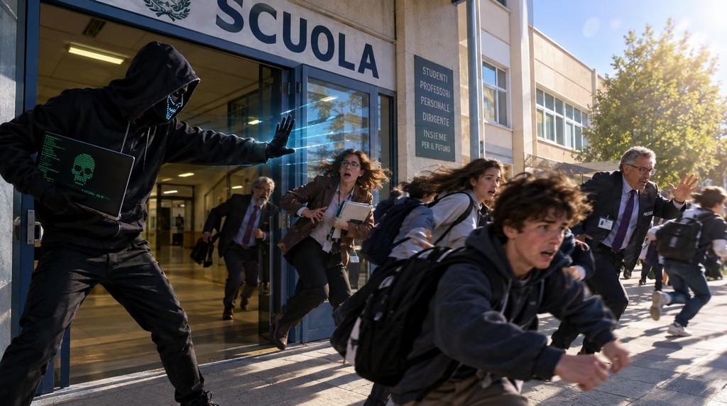 creami un hacker che sta sulla sinistra sull'uscio della porta di una scuola e sta cacciando via studenti, professori e presidi. Atmosfera con luce