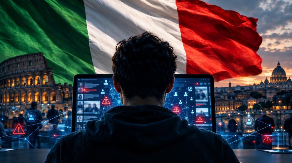 Una persona che sta di schiena di fronte ad un laptop e sullo sfondo la bandiera italiana e il colosseo e san pietro.