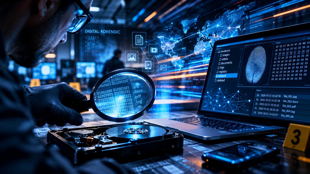 un analista di digital forensic sta verificando un disco fisso di un computer. Nell'immagine una atmosfera tecnologica.