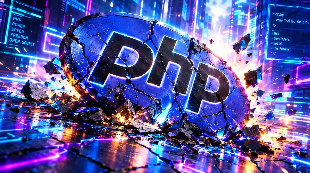 logo di php frantumato a terra per l'impatto.