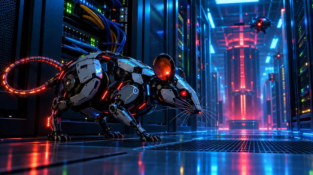 un topo meccanico sta dentro ad un datacenter