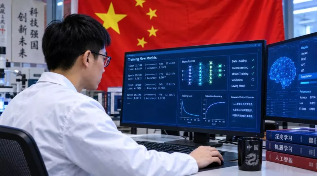 Uno scienziato cinese sta di fronte al computer a fare apprendimento di nuovi modelli e sullo sfondo la bandiera della cina.