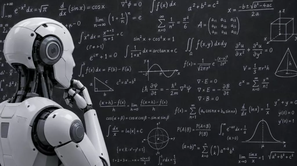un robot umanoide a mezzo busto bianco e grigio sta guardando una lavagna piena di formule matematiche che riempie tutta l'immagine come sfondo