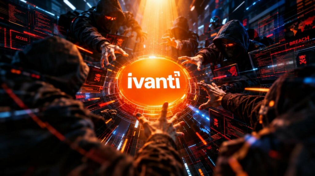 il logo di Ivanti al centro arancione illuminato dall'alto e tutti in torno una serie di hacker che vogliono prenderlo e allungano le mani. prospettiva, tecnologia, luce, movimento