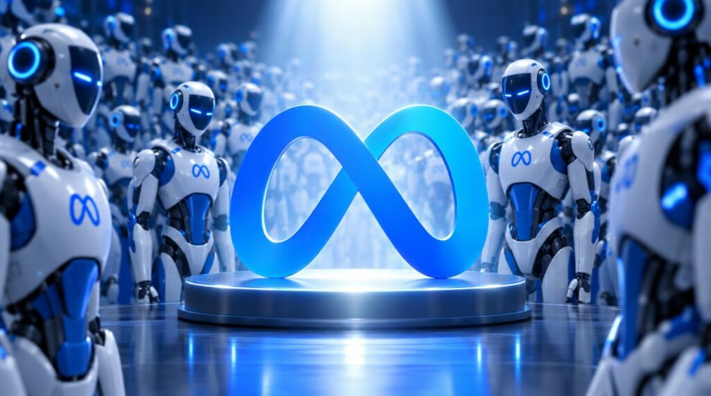 una immagine del logo di Meta al centro illuminato dall'alto e sullo sfondo tanti robot umanoidi blu e bianchi.