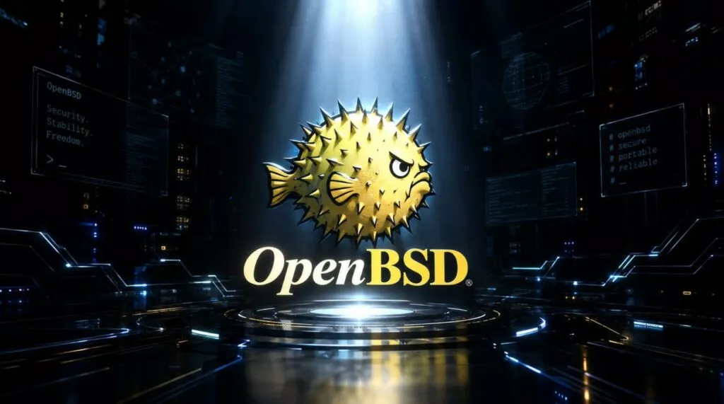 Una immagine del logo di OpenBSD al centro illuminato dall'alto e sullo sfondo tecnologia informatica.