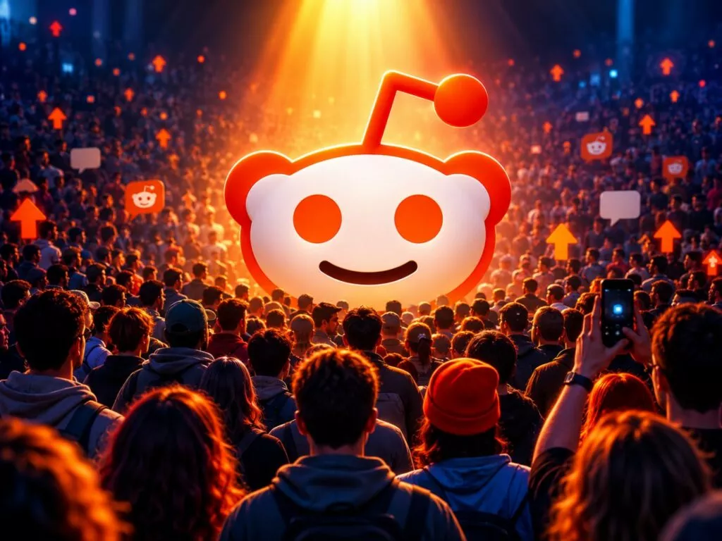 il logo di reddit al centro illuminato dall'alto e tantissimi utenti sullo sfondo leggermente in ombra