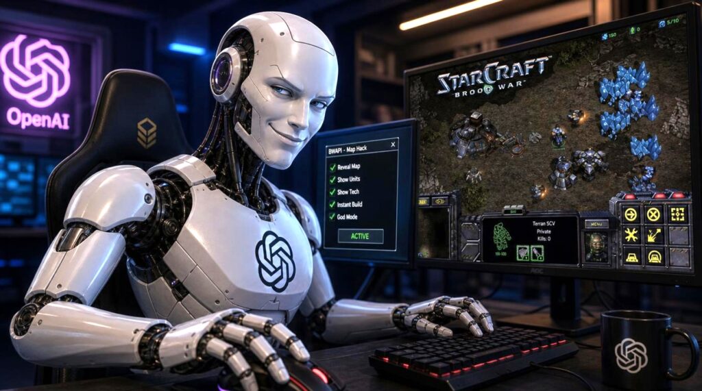 Robot umanoide con headset seduto a una scrivania, interagisce con un computer mostrando StarCraft II, ambiente futuristico con luci neon