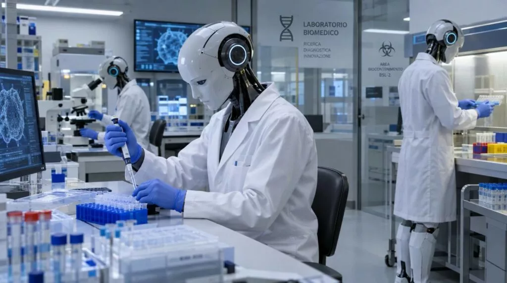 un robot che sta lavorando con delle provette in un laboratorio biomedico