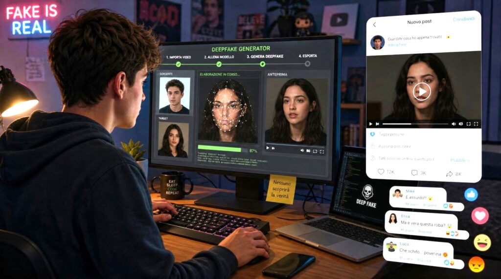 Computer screen displaying a social media platform with posts, comments, likes, and shares, suggesting a cybersecurity theme.