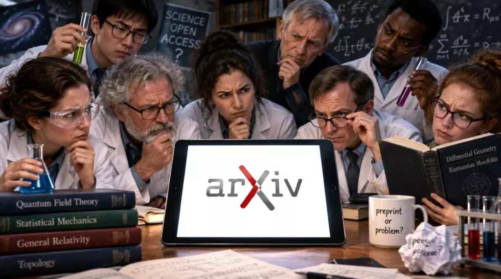 Gruppo di ricercatori in camice bianco analizza articoli su arXiv da un laptop, con attrezzature scientifiche sul tavolo
