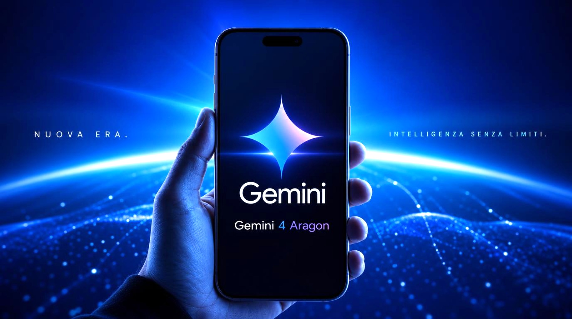 Sfondo gradient blu e nero con effetto glitch, numero 4 centrale, loghi Genesis AI e Gemini 4 AI ai lati