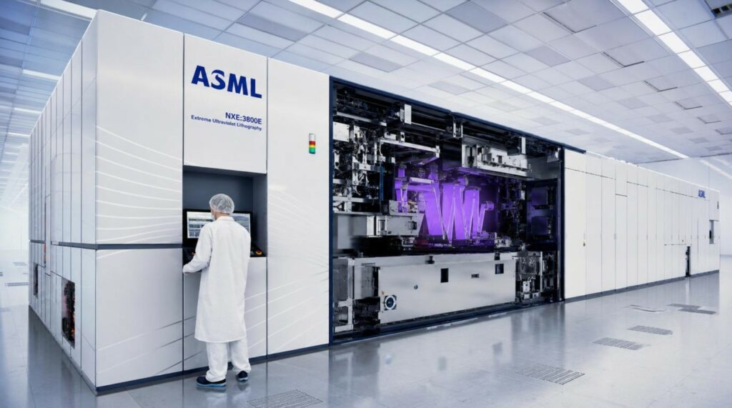 Tecnico in lab coat bianco davanti a server ASML moderno, con design bianco e blu