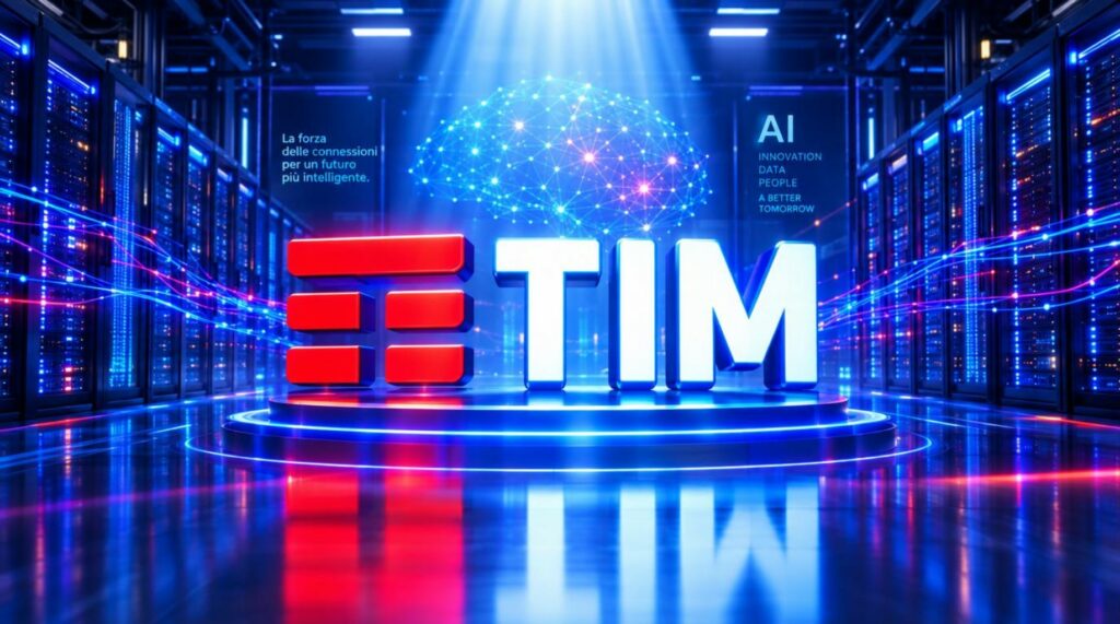 il logo della TIM e sullo sfondo data center di intelligenza artificiale.