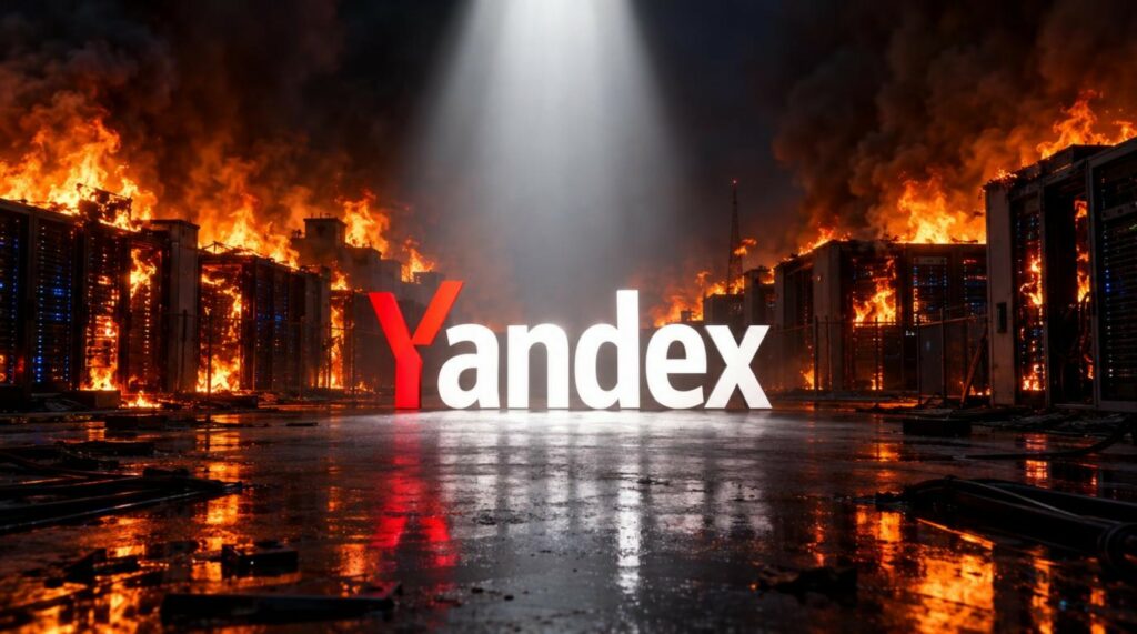 il logo di yandex al centro e sullo sfondo dei datacenter a fuoco